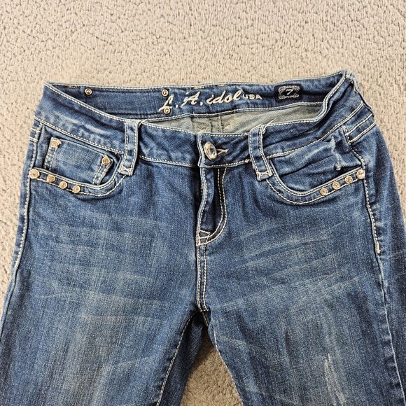 LA Idol Jeans Womens 7 (30x31) Blue Mid Rise Bootcut Rhinestones Embroidered - Picture 2 of 15